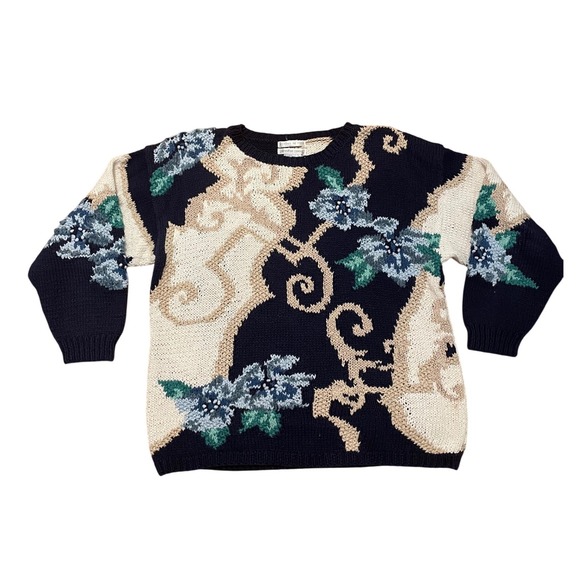 Jennifer Reed Sweaters - Vintage Sweater Jennifer Reed Hand Knitted Floral Intarsia Navy Blue 90s Large
